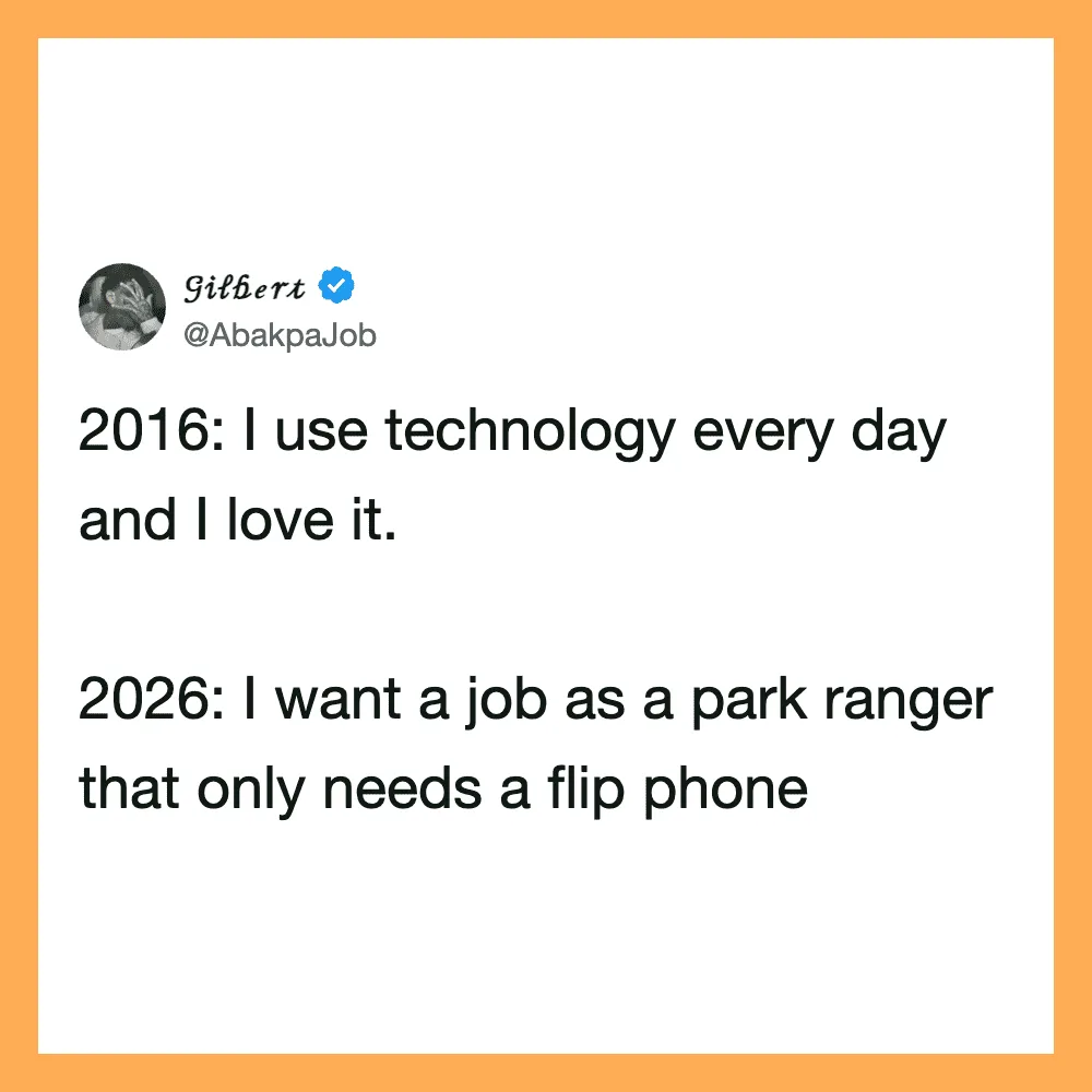 Tweet by Gilbert about technology use in 2016 and a park ranger job in 2026.