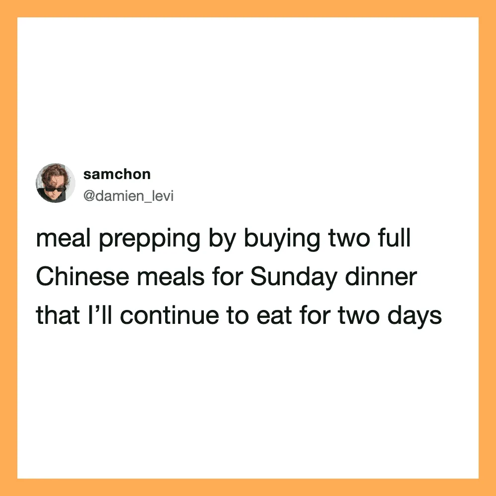 Tweet about buying two Chinese meals for Sunday dinner to eat for two days.
