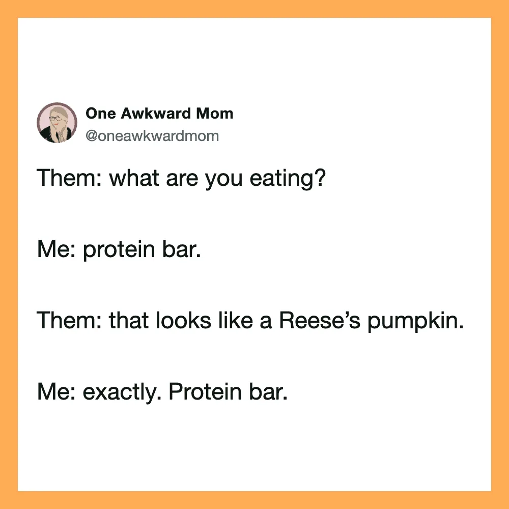 Twitter post about eating a protein bar that looks like a Reese's pumpkin.