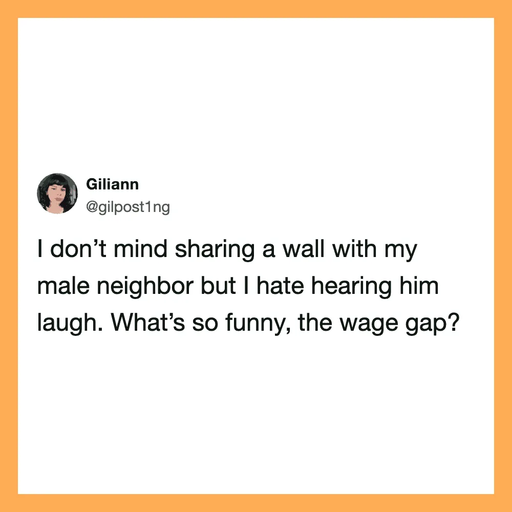 Tweet by Giliann about sharing a wall with a male neighbor and hearing him laugh.