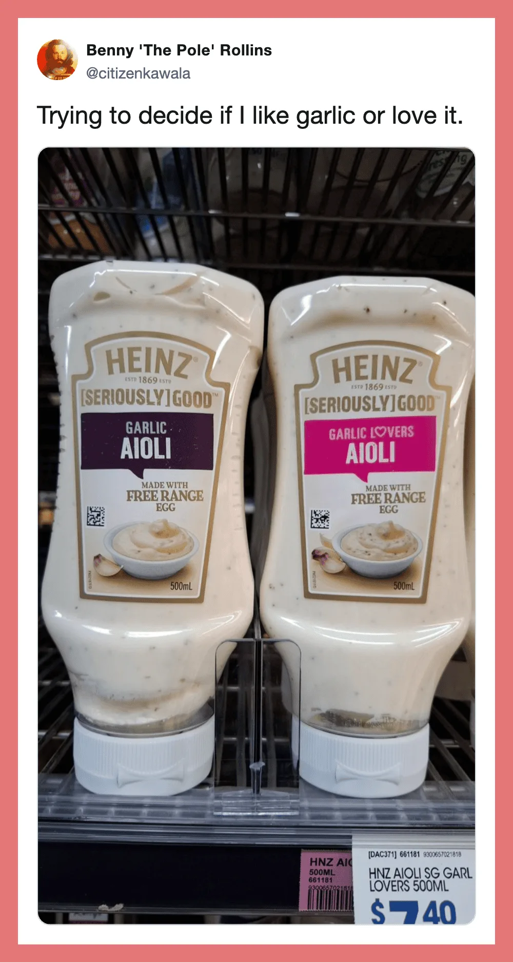 Two Heinz garlic aioli bottles in a supermarket basket.