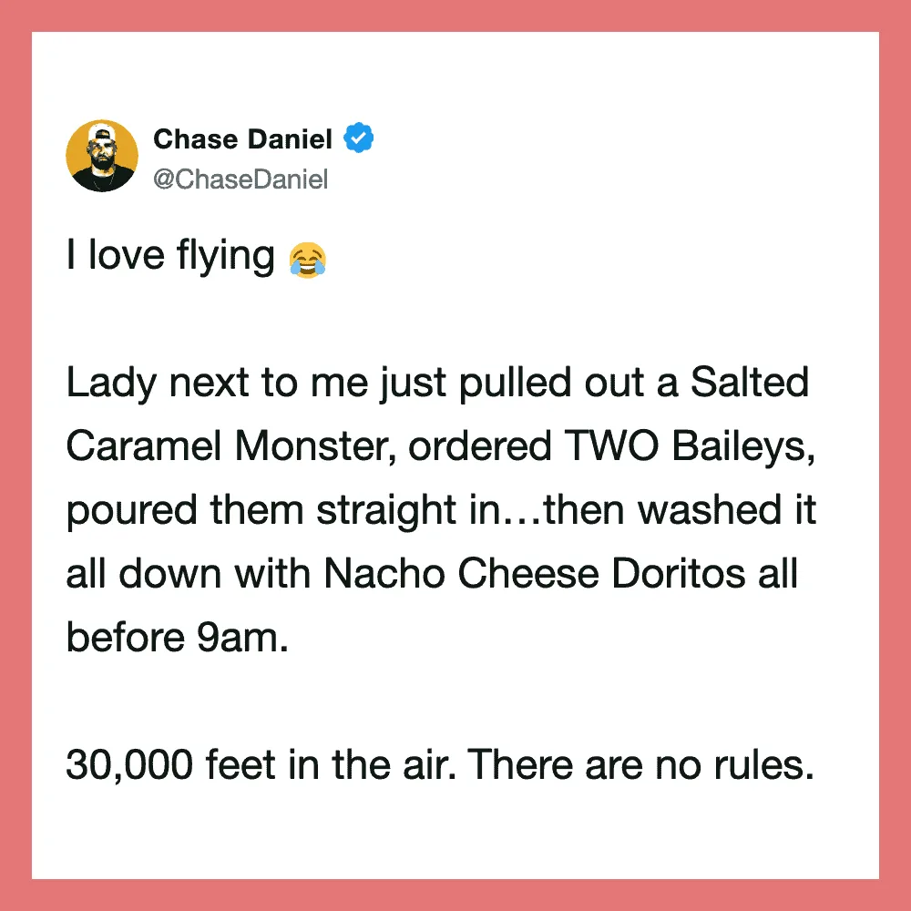 Chase Daniel's tweet about flying with a humorous story.