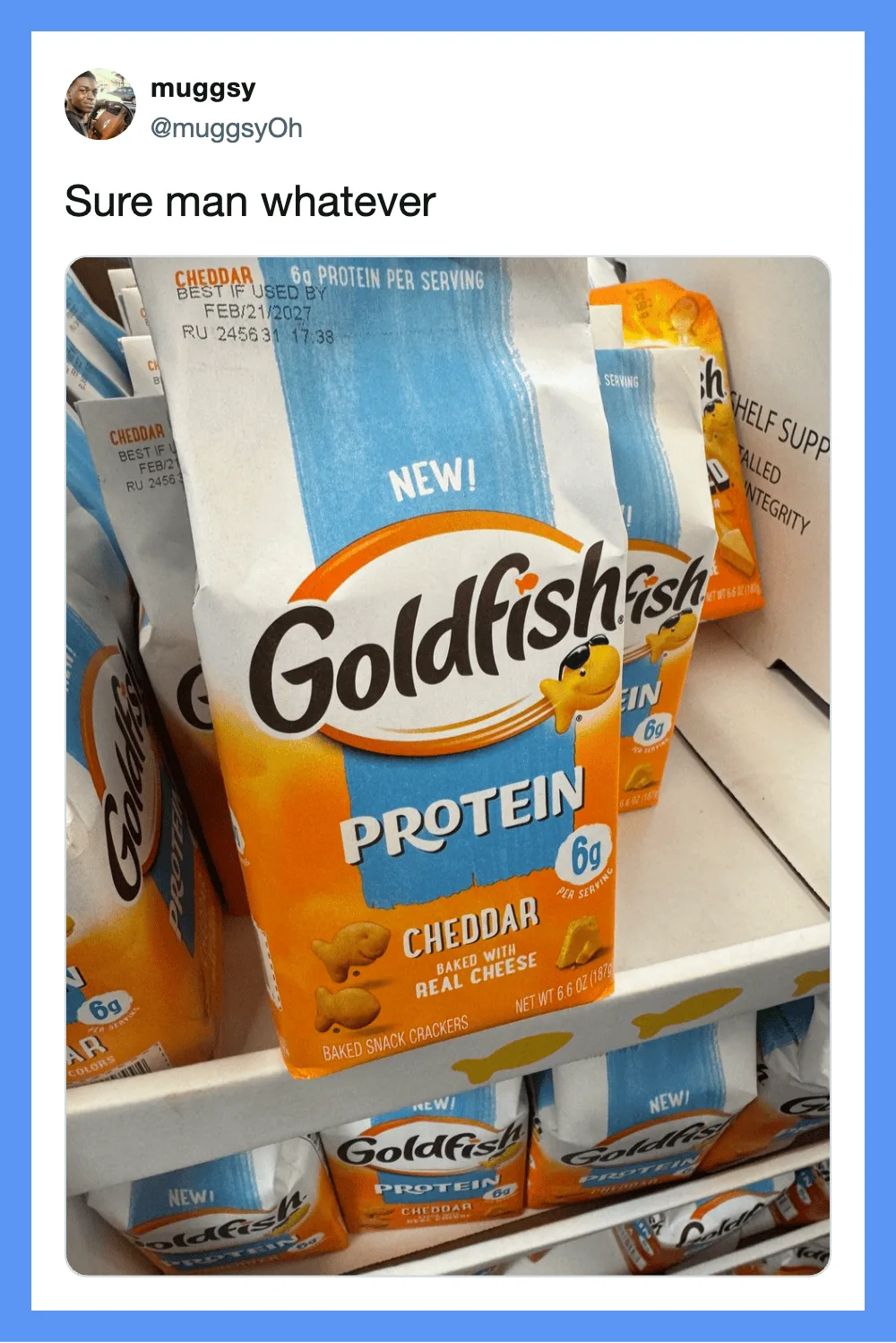 Goldfish Protein Cheddar snack box on store shelf with other snack packs.