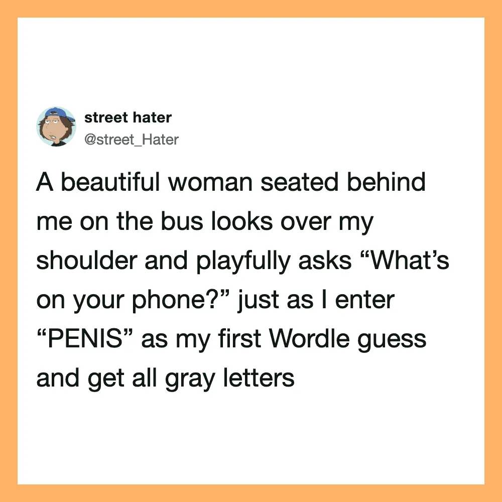 A tweet about a woman asking about a phone while the user guesses 'PENIS' and gets gray letters.