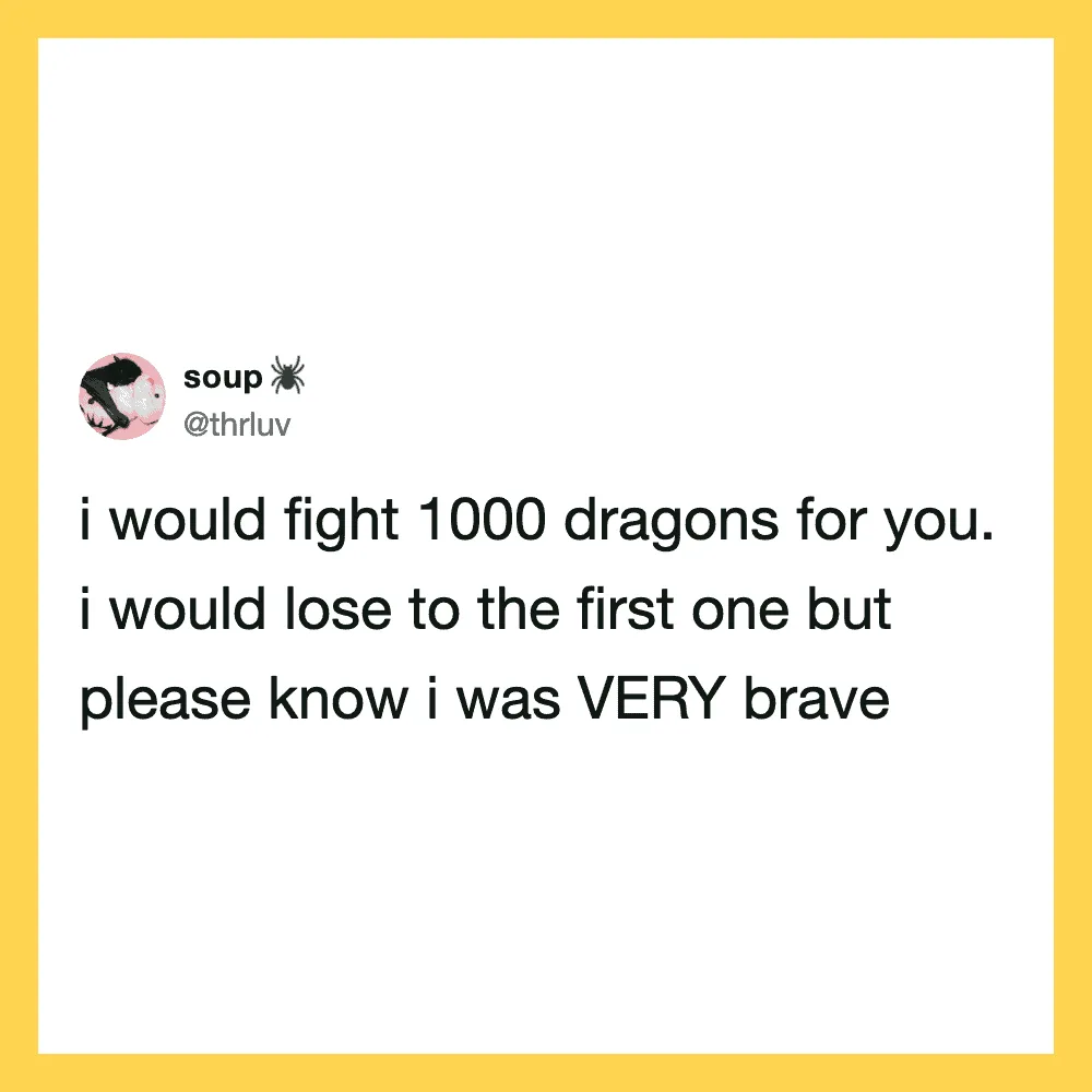 Twitter post by @thrluv about fighting dragons for someone.