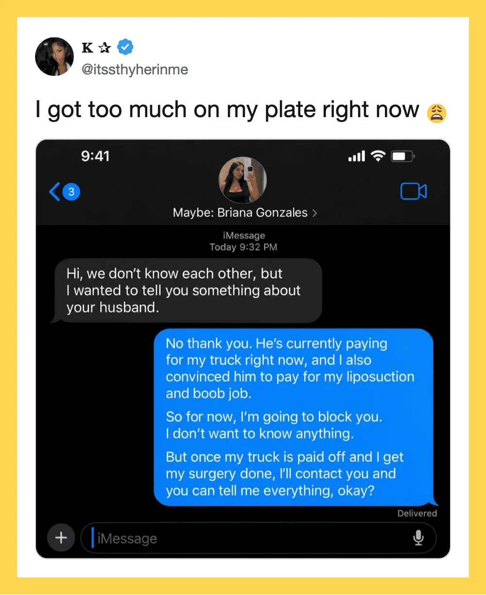 Screenshot of a text message conversation about a husband's liposuction and boob job.