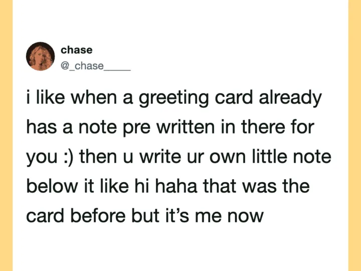 Twitter post about greeting cards with pre-written notes and writing own note.