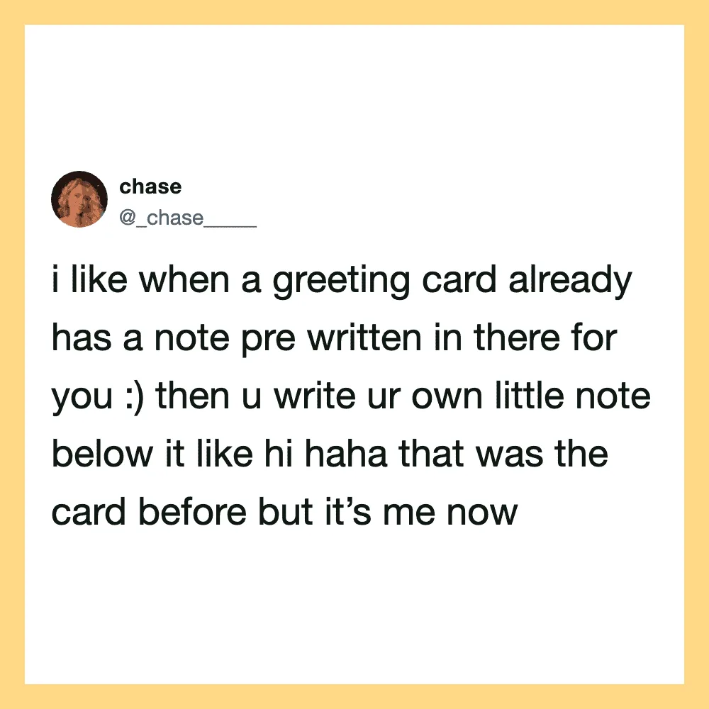 Twitter post about greeting cards with pre-written notes and writing own note.