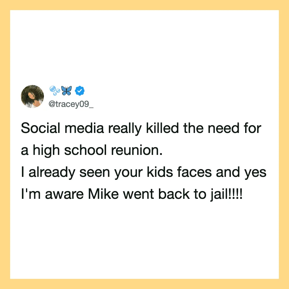 Social media post about high school reunions and Mike going to jail.