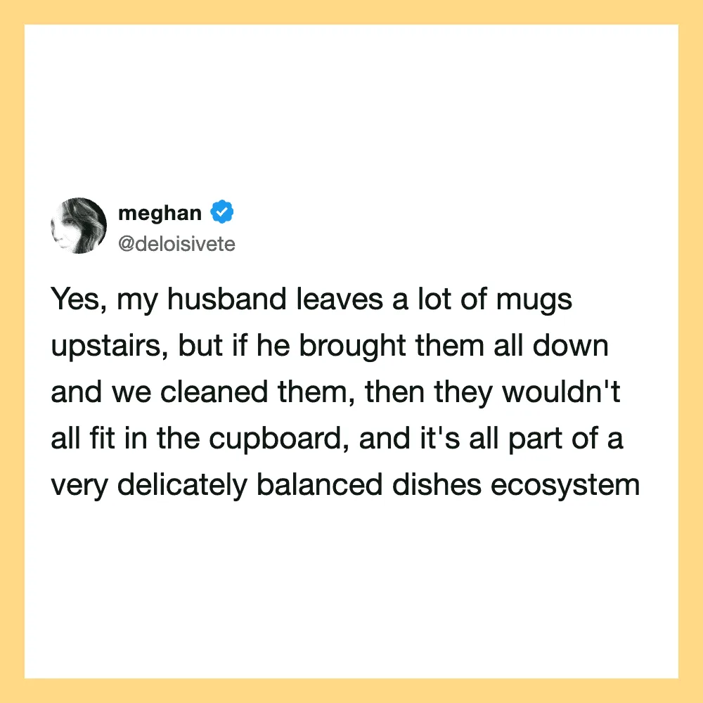 Tweet by meghan about husband's mug collection and eco-friendly cleaning.