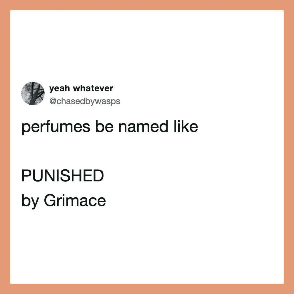 Funny tweet about perfumes being named like PUNISHED by Grimace.