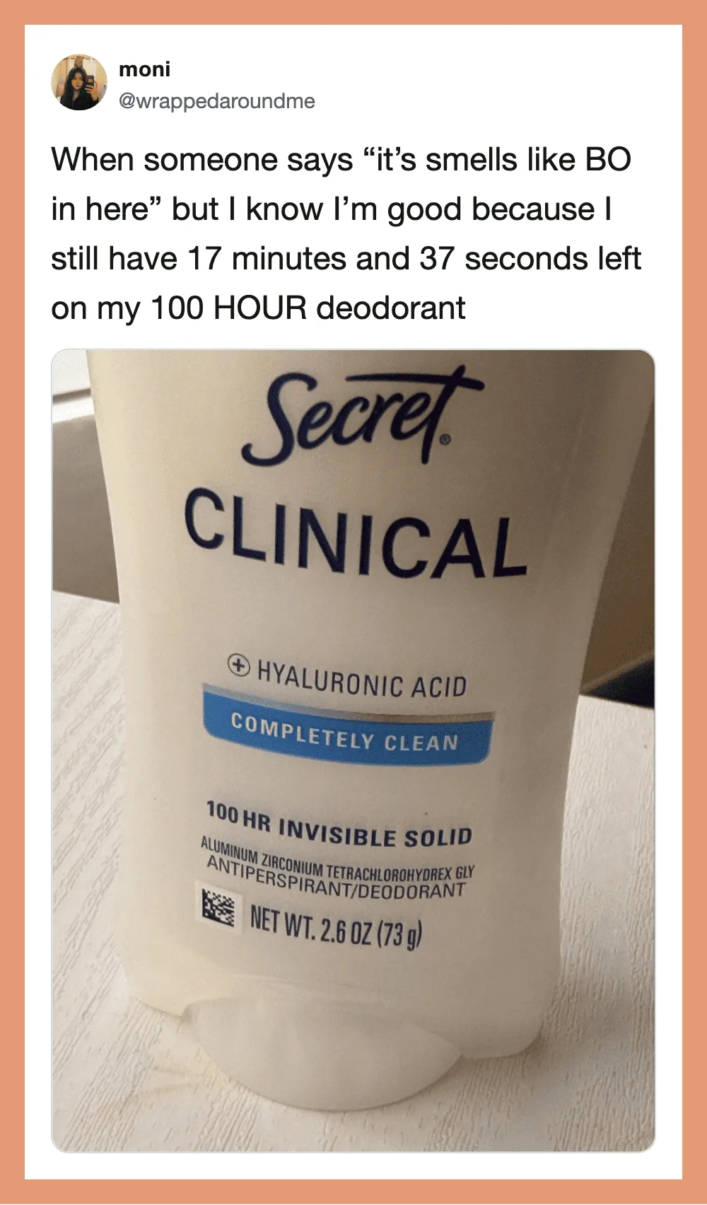 Secret Clinical deodorant with humorous tweet about smelling like BO.