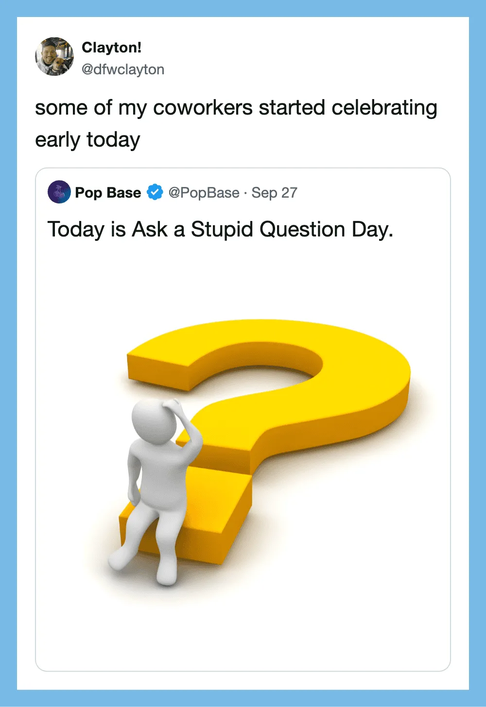 A person sitting on a yellow question mark with a hand on their head.