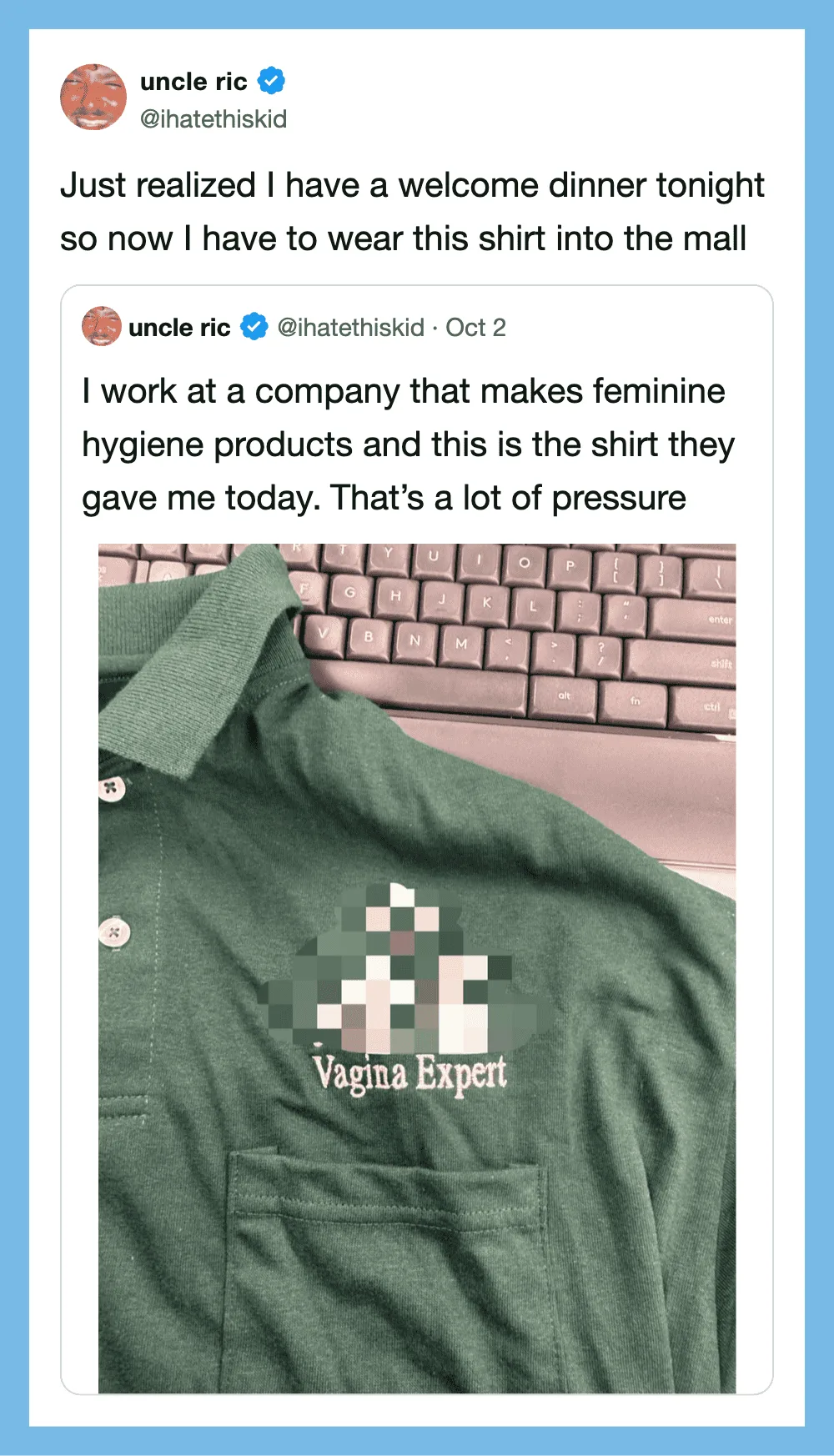 A green shirt with a pixelated graphic and the text 'Vagina Expert' on it.