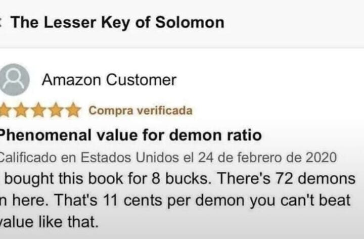 Amazon review with 5 stars, 'Phenomenal value for demon ratio,' 72 demons, bought for 8 bucks.