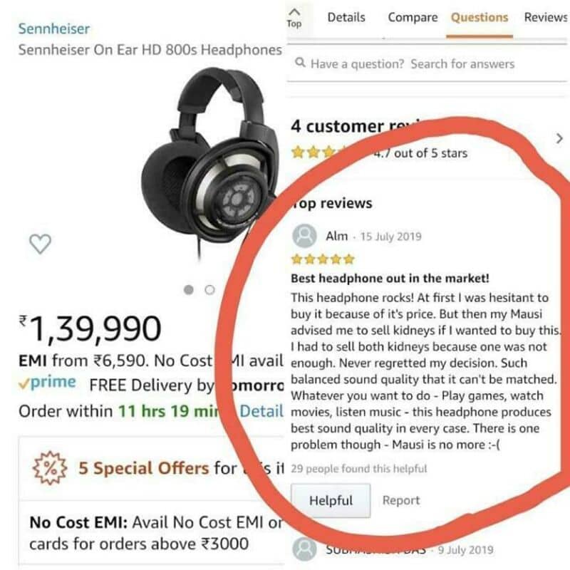 Sennheiser On Ear HD 800s Headphones with customer review highlighted.