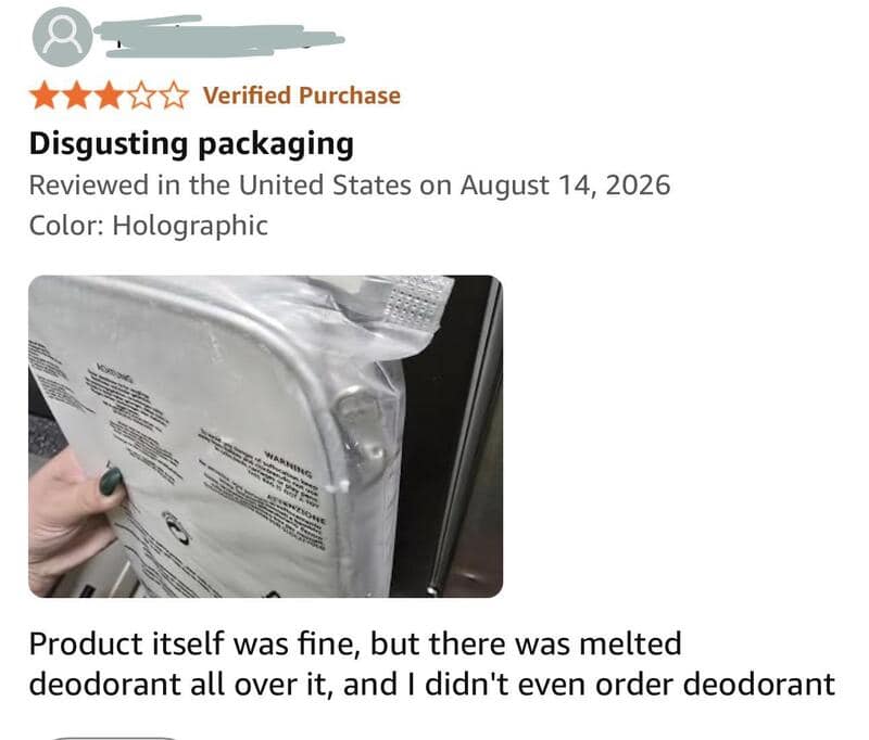 Disgusting packaging with melted deodorant on a plastic bag.
