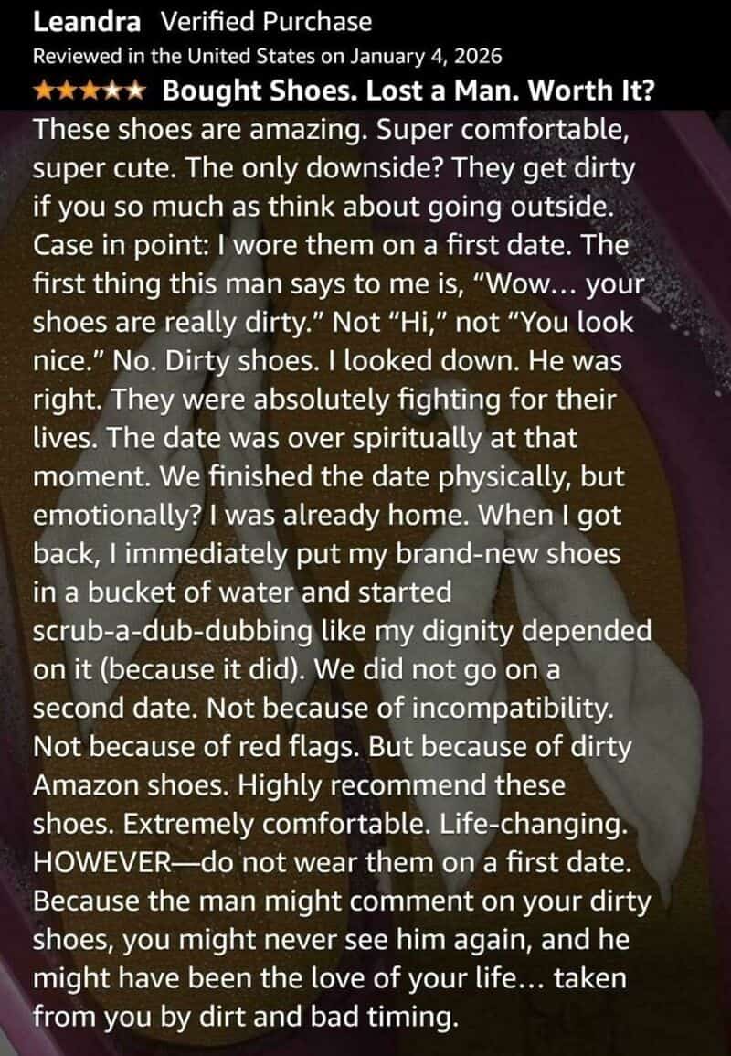 Leandra review of shoes, mentions dirt, dirtiness, and comfort.