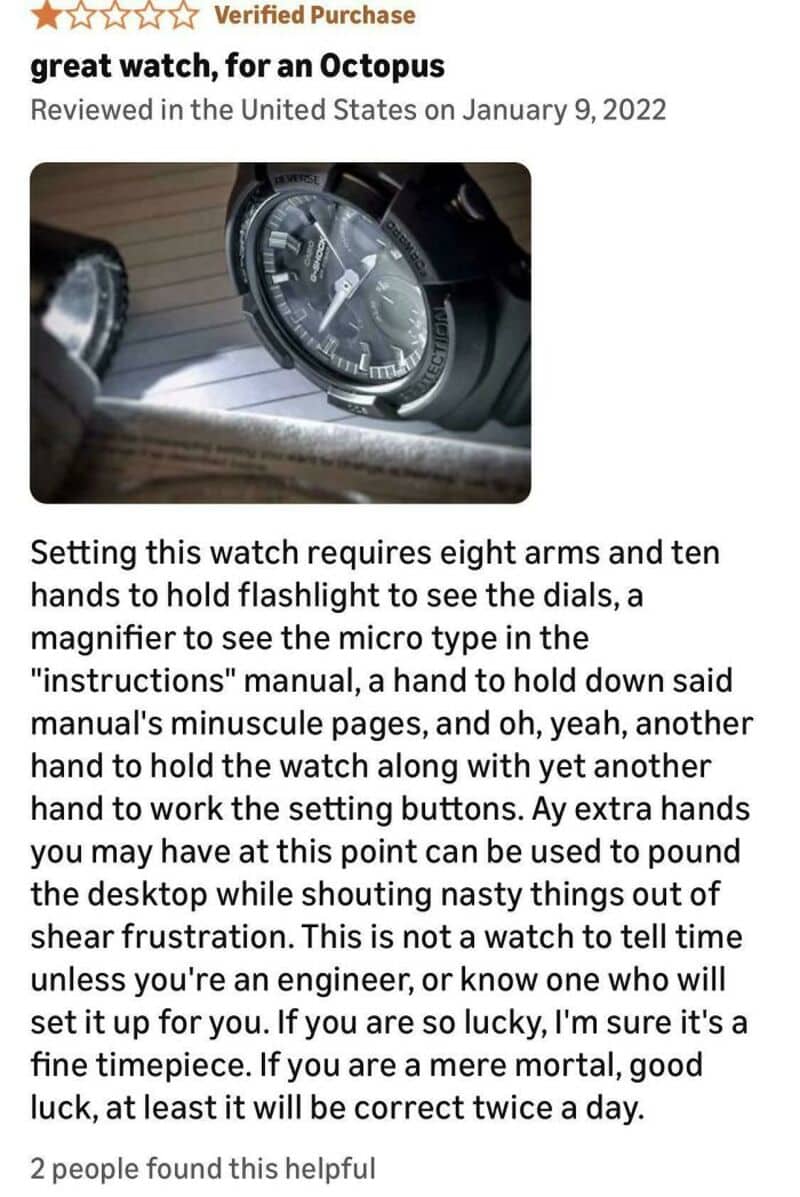 Close-up of a black wristwatch with a detailed dial and multiple hands.