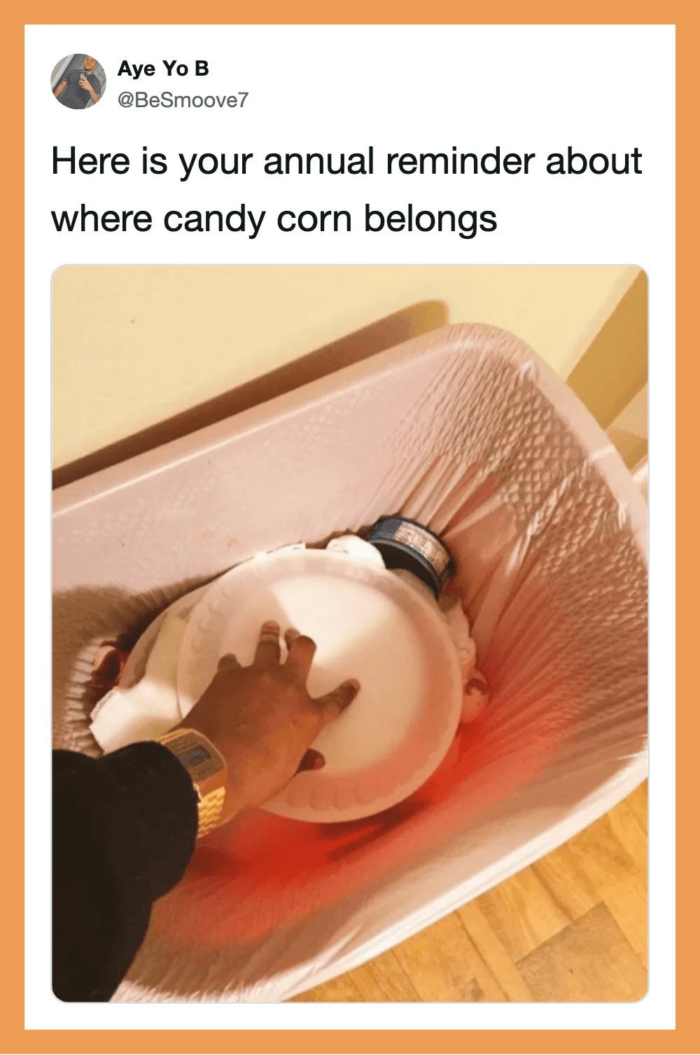 Person's hand reaching into a pink trash bin with a white plate inside.