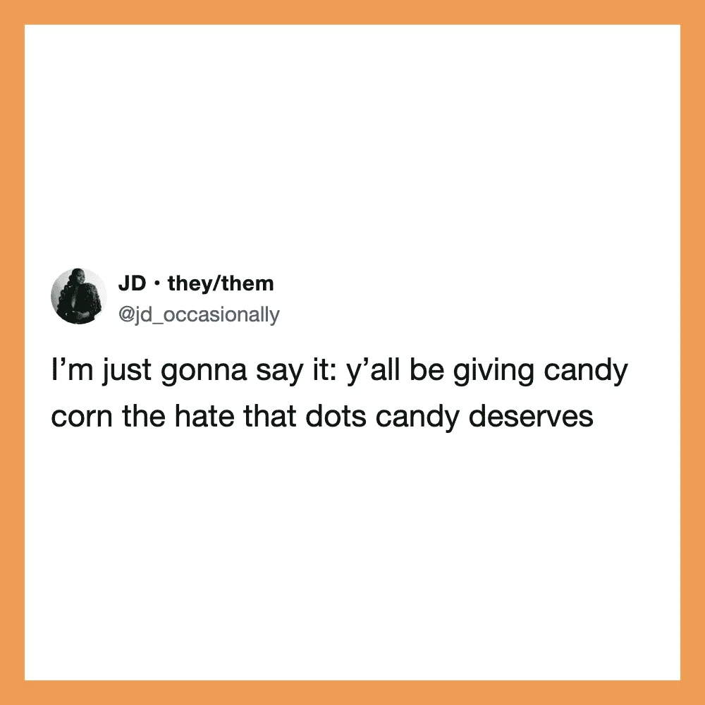 Twitter post by JD about candy corn and dots candy.
