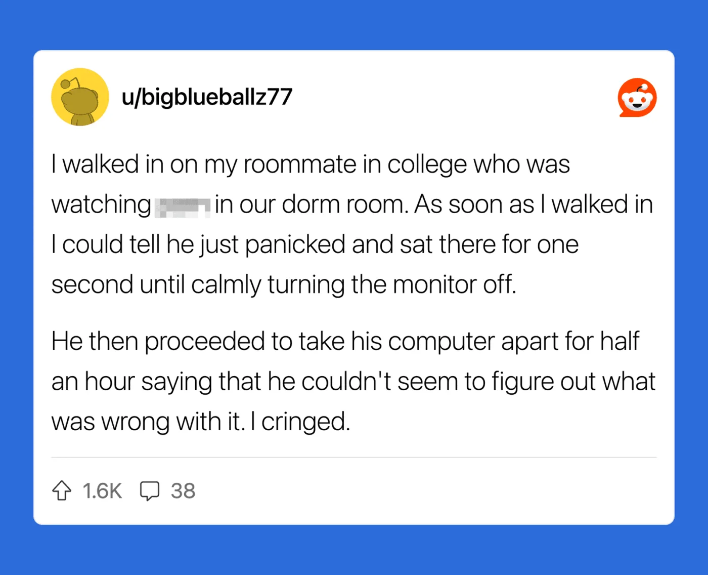 Screenshot of a Reddit post about a roommate watching something embarrassing.