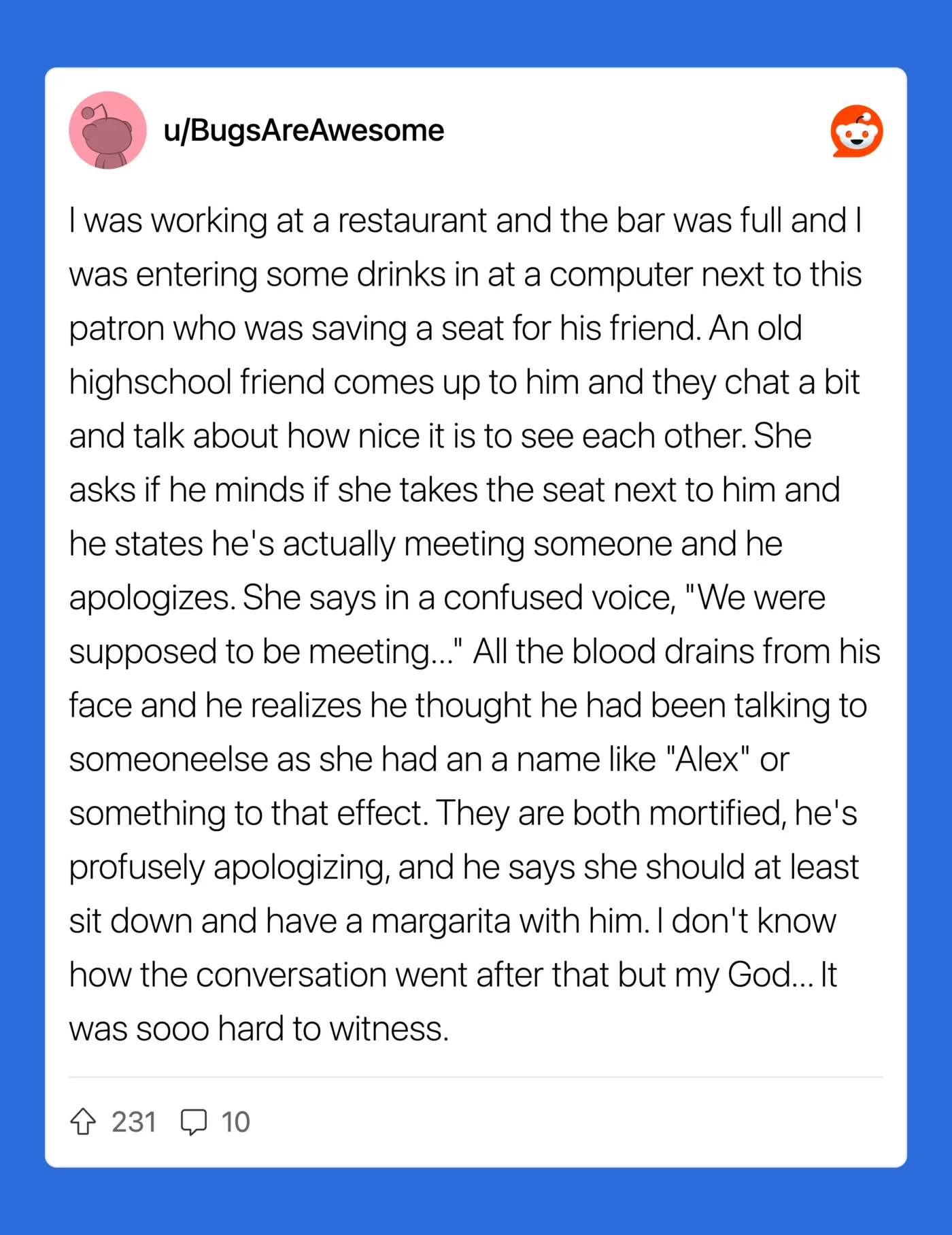 A Reddit post about a funny restaurant encounter involving mistaken identity.