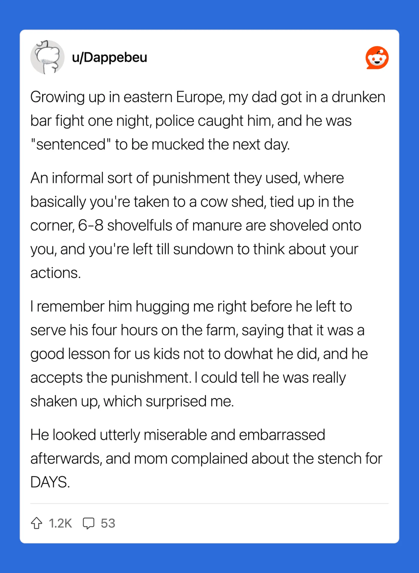 Story of dad's drunken bar fight and punishment in Eastern Europe.