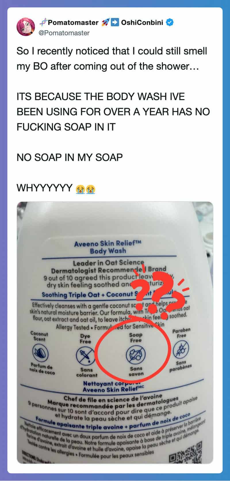 A bottle of Aveeno Skin Relief Body Wash with a label showing ingredients and usage instructions.