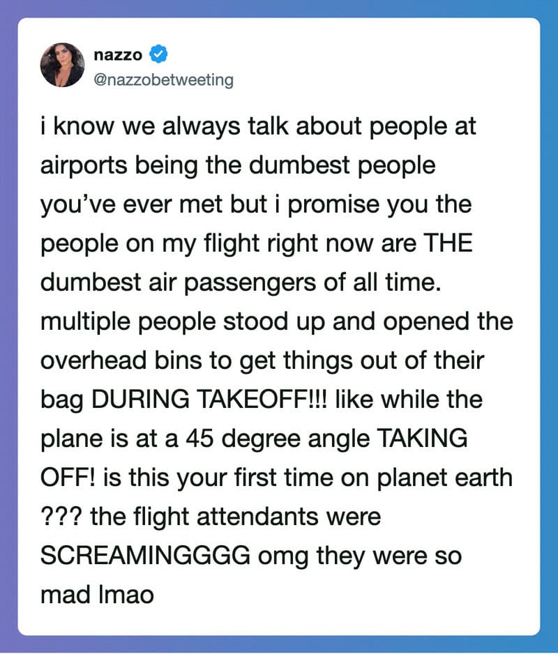 Tweet about dumbest airline passengers and flight attendants' reactions.