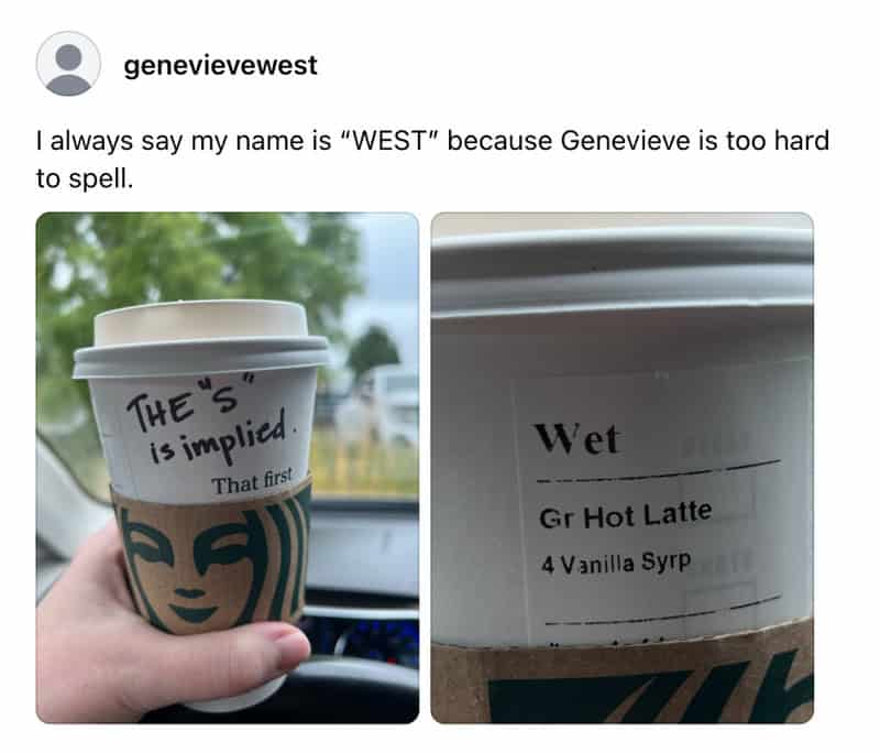 Coffee cup with handwritten message and drink order on a Starbucks cup.