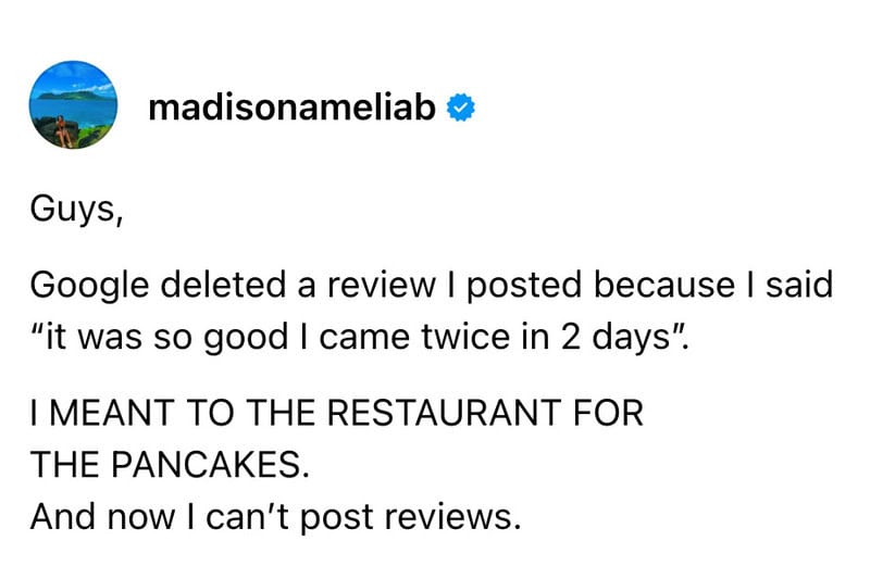 Social media post about Google deleting a review due to a mistake.
