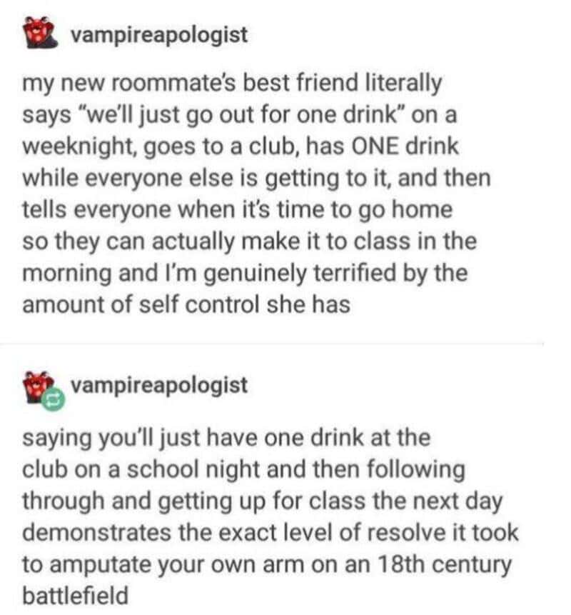 Humorous text about a roommate's best friend and a school night out.