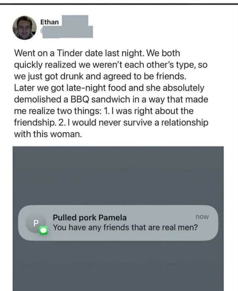 Ethan's Tinder story about a BBQ incident and a message from Pulled Pork Pamela.
