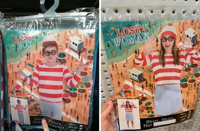 Lost Boy and Lost Woman Halloween costumes with striped shirts and glasses.