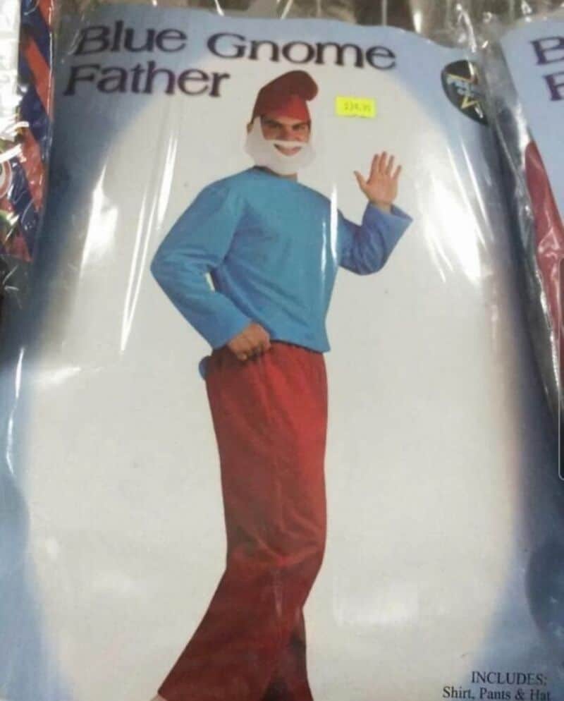 Blue Gnome Father costume with blue shirt, red pants, red hat, and white beard.