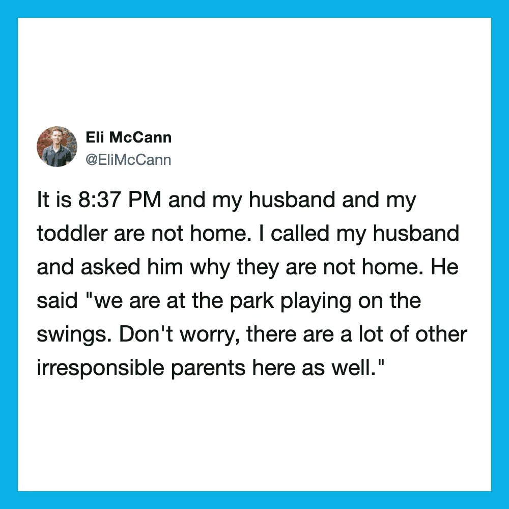 Parenting tweet about a toddler at the park, not home at 8:37 PM.