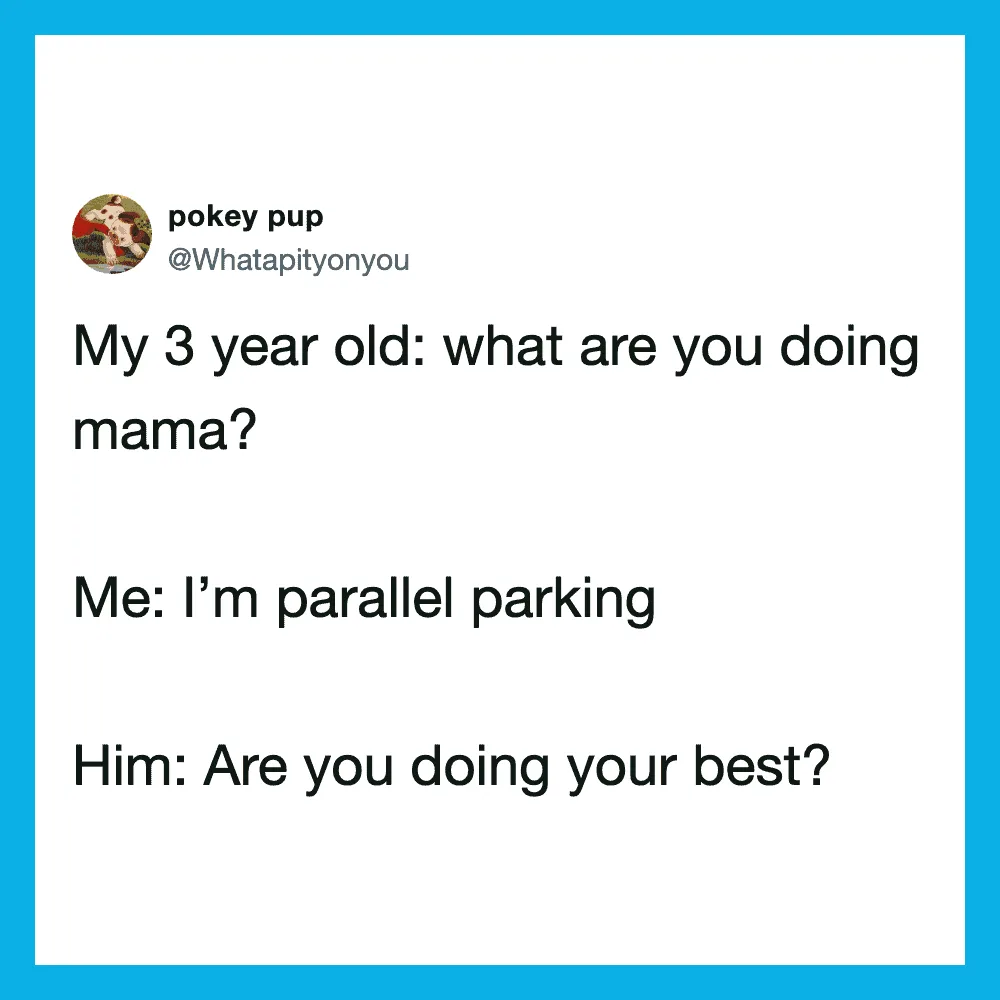 A tweet about a 3-year-old asking about parallel parking and a humorous reply.