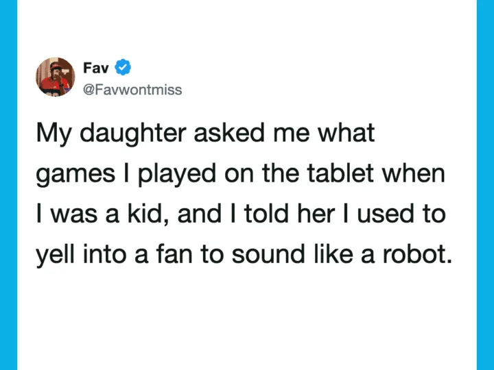 A tweet from Fav about her daughter asking about her childhood games.