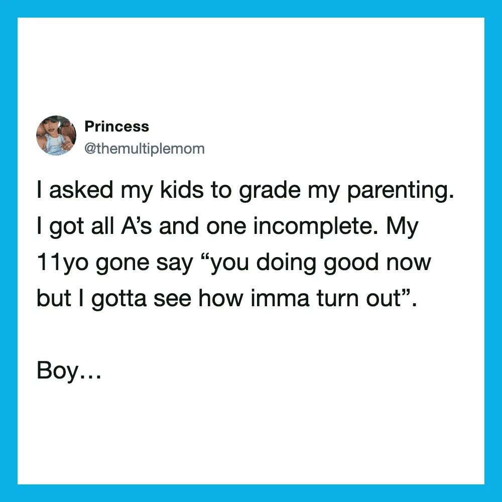 A tweet from Princess about grading parenting, mentioning her 11-year-old's response.