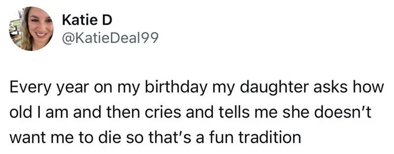 A woman smiling with a tweet about her daughter's birthday tradition.