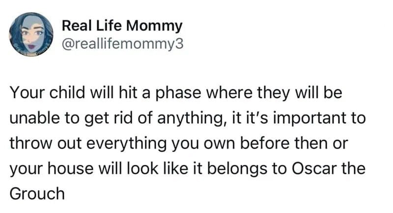 Child throwing items, house looks cluttered, referencing Oscar the Grouch.