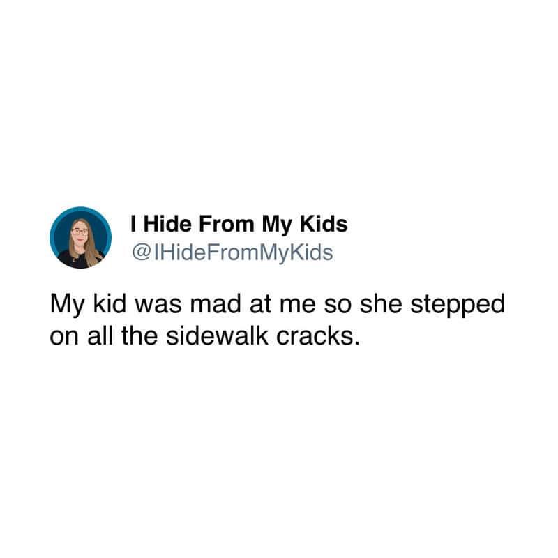 Parent humor tweet about kid stepping on sidewalk cracks.