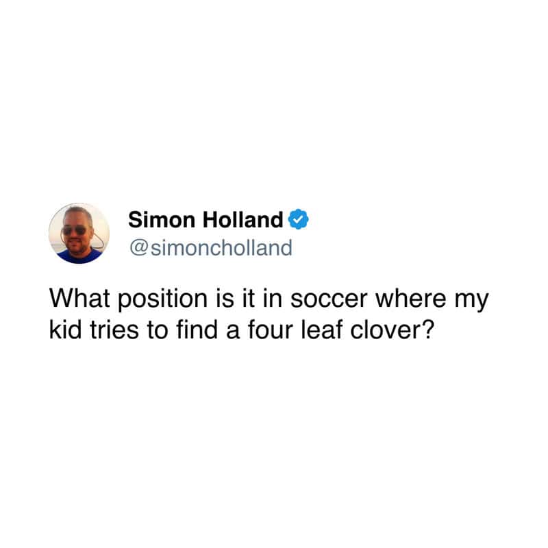 Twitter post by Simon Holland asking about soccer position where kid finds four leaf clover.