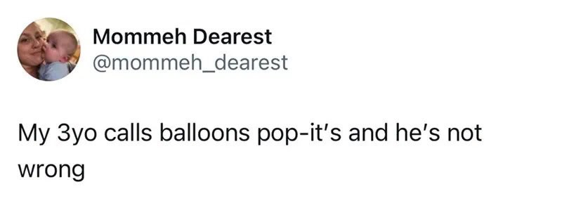 A young child calling out balloons as they pop, with a caption about a 3-year-old's understanding.
