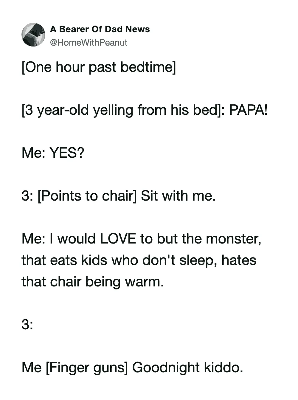A humorous bedtime conversation between a parent and a 3-year-old about monsters and finger guns.