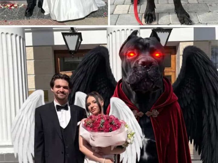 Funny photos of a wedding with a giant dog dressed as a demon with wings.