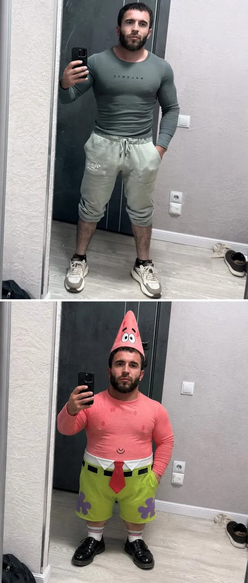 Man in gym clothes with a pink SpongeBob hat in a mirror selfie.