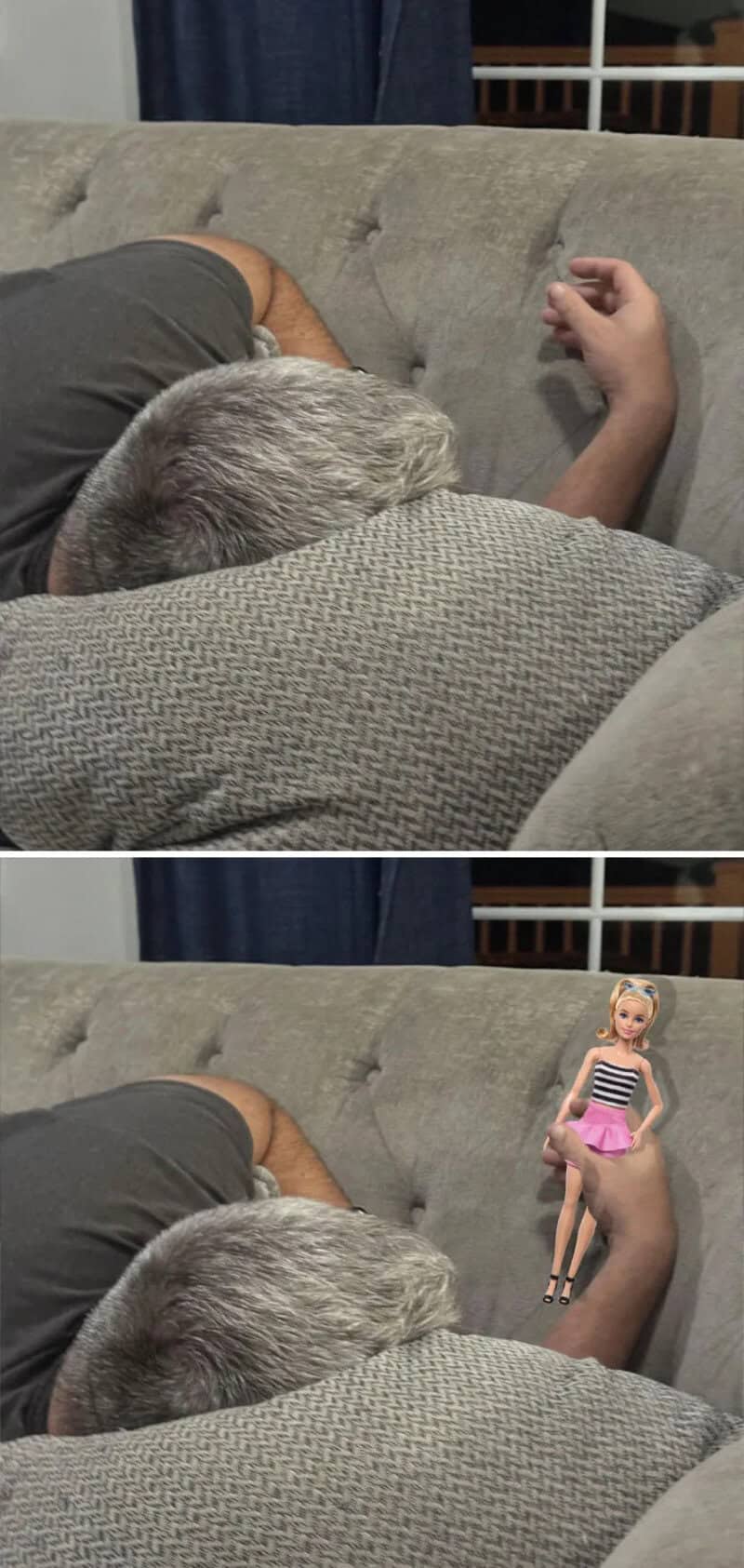 Person sleeping on couch with Barbie doll placed near head.