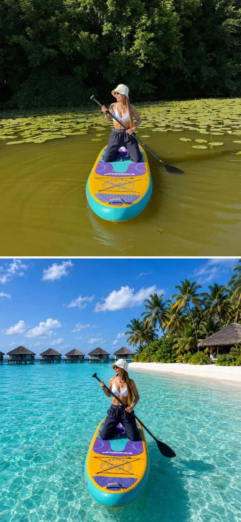 Woman paddleboarding on a lake and in the ocean, wearing a hat and sunglasses.